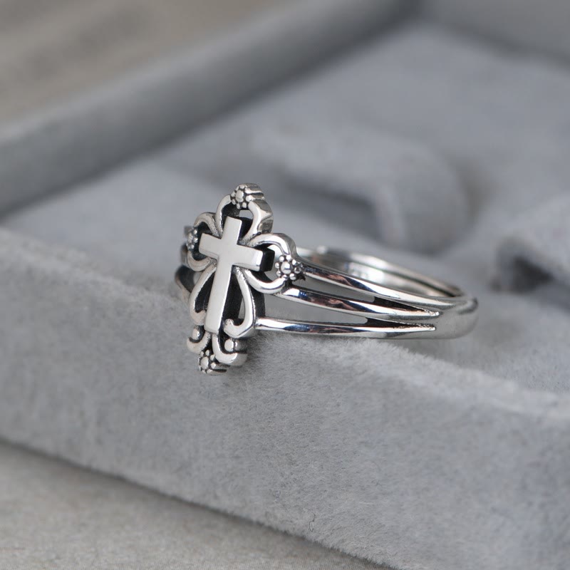 Cathedral Style Sterling Ornate Cross Ring with Floral Scrolls