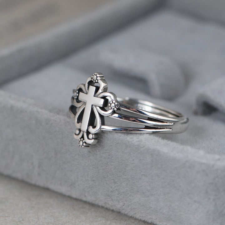 Cathedral Style Sterling Ornate Cross Ring with Floral Scrolls