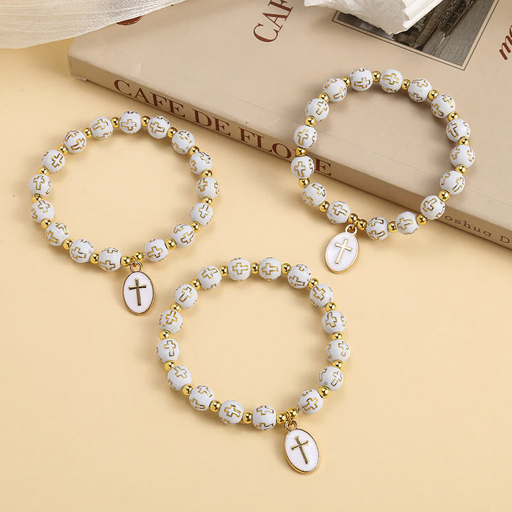 Elegant Clean White & Golden Cross Bead Bracelet: Pure Grace Every Day