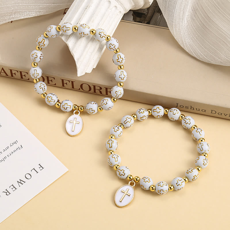Elegant Clean White & Golden Cross Bead Bracelet: Pure Grace Every Day
