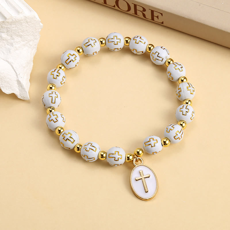 Elegant Clean White & Golden Cross Bead Bracelet: Pure Grace Every Day