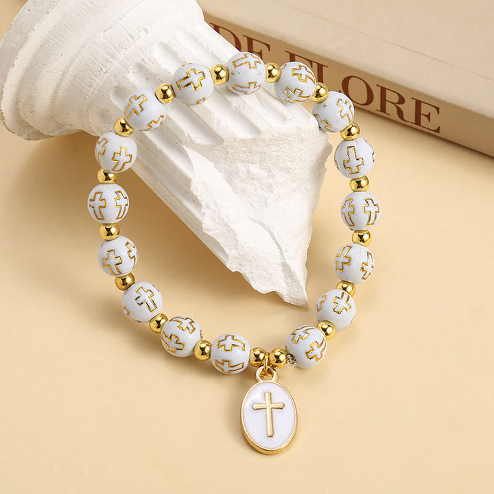 Elegant Clean White & Golden Cross Bead Bracelet: Pure Grace Every Day