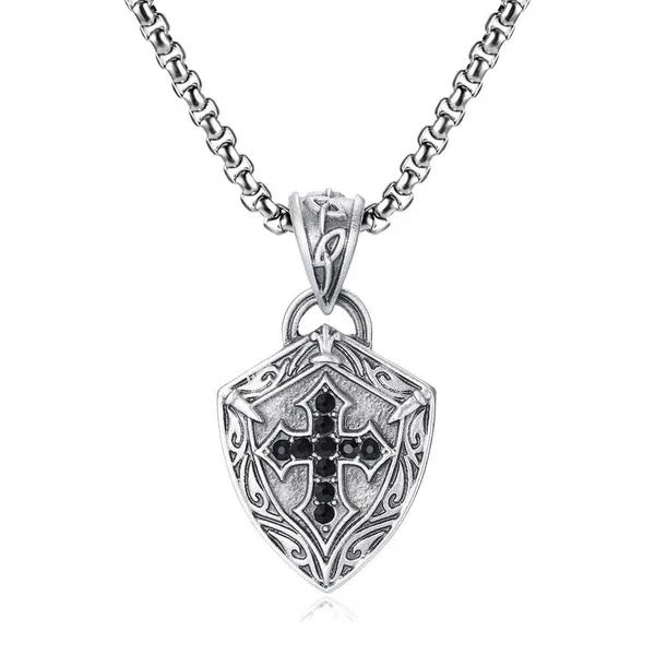 Ornate Shield - Shaped Crucifix Necklace with Black Zircons Inlays