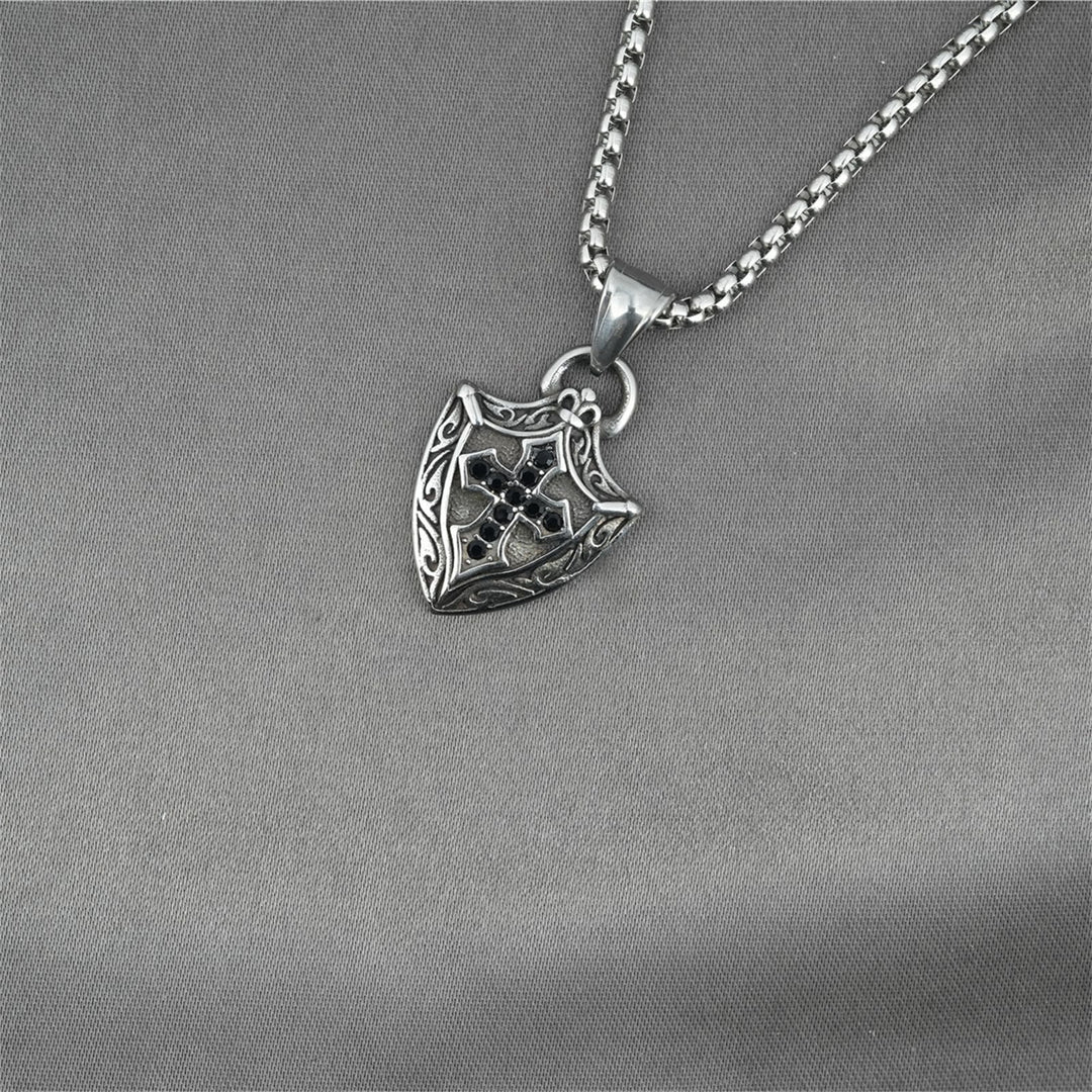 Ornate Shield - Shaped Crucifix Necklace with Black Zircons Inlays