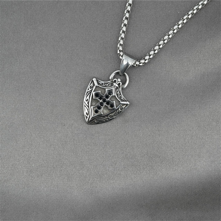 Ornate Shield - Shaped Crucifix Necklace with Black Zircons Inlays