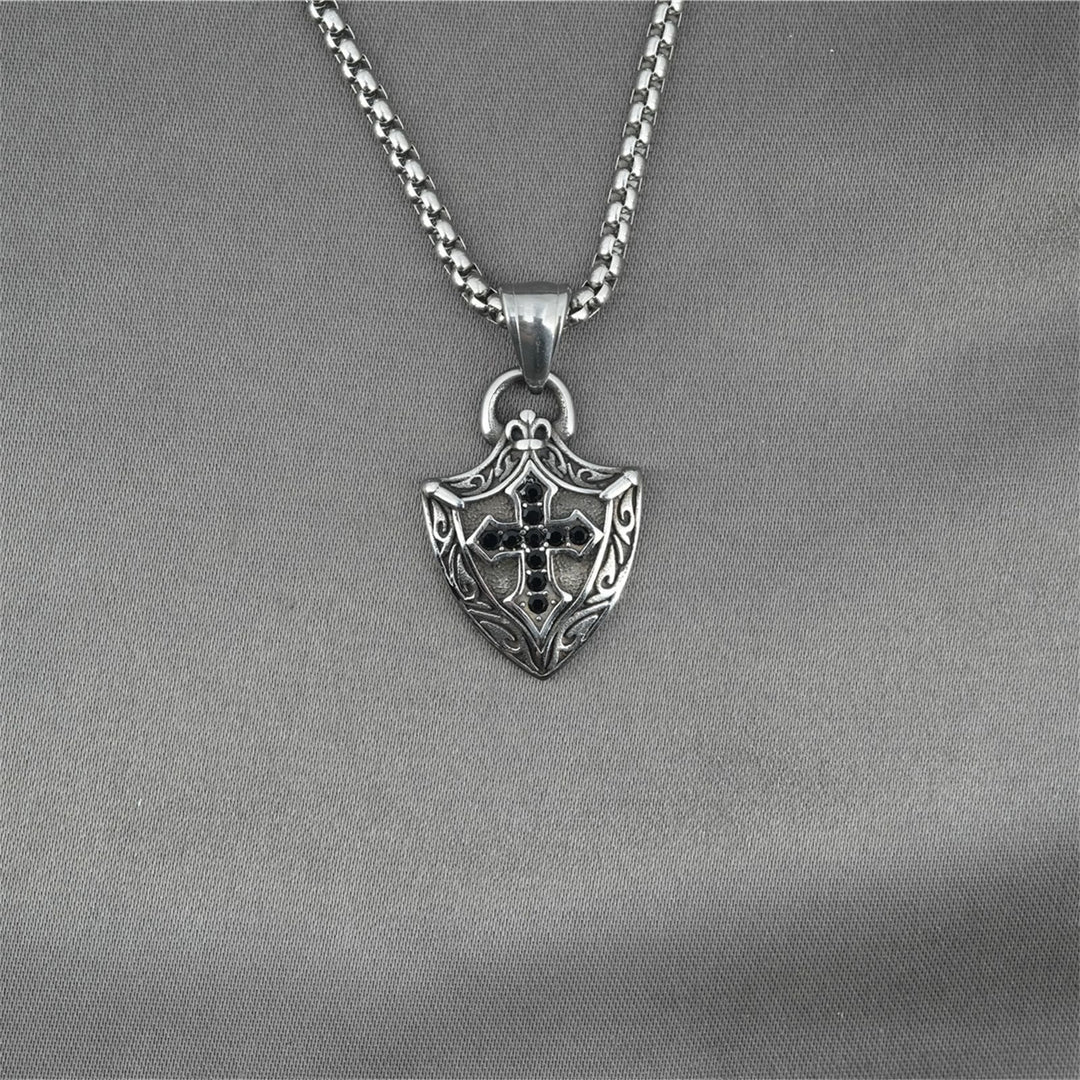 Ornate Shield - Shaped Crucifix Necklace with Black Zircons Inlays