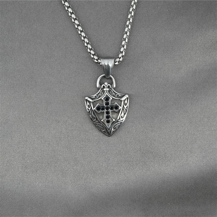 Ornate Shield - Shaped Crucifix Necklace with Black Zircons Inlays