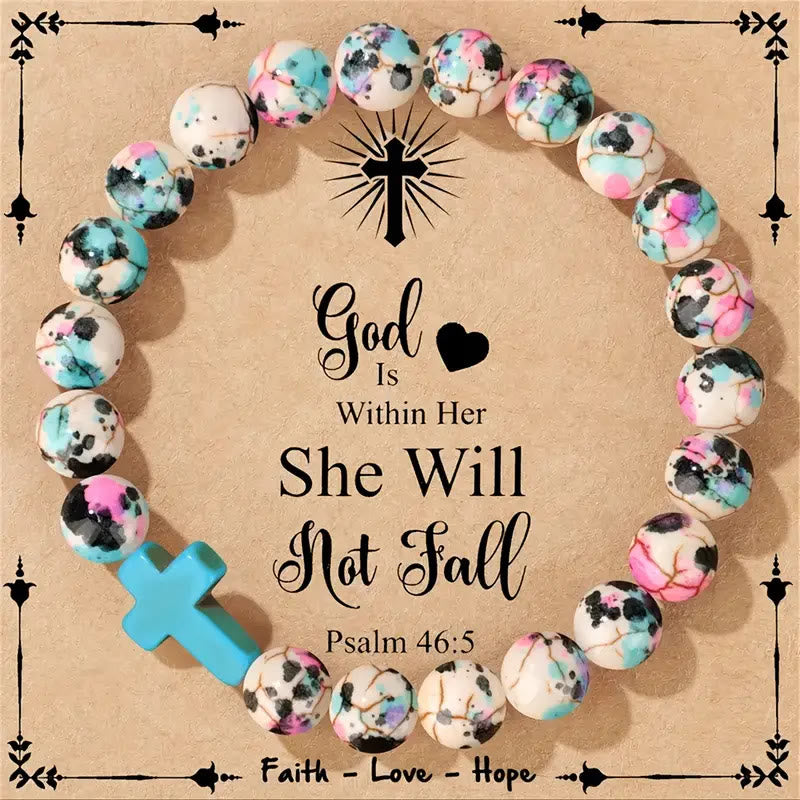 Inspirational Psalm 46:5 Cross Bracelet with Colorful Crackle Beads
