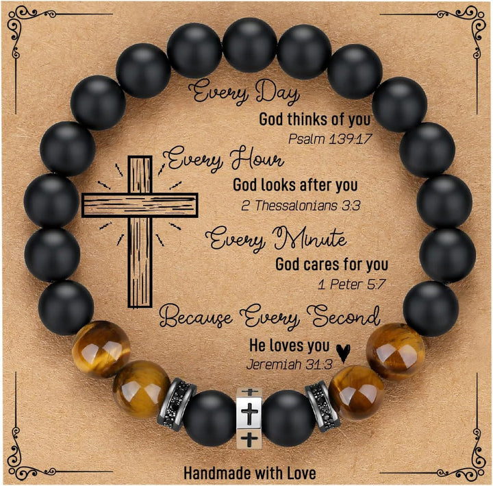 Cross Bracelet with Tiger's Eye, Black Onyx & CZ - Accented Stainless Steel