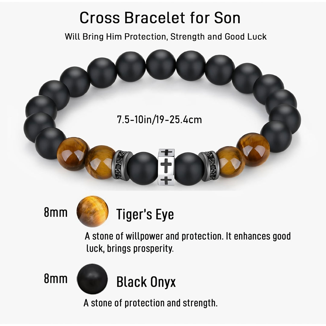 Cross Bracelet with Tiger's Eye, Black Onyx & CZ - Accented Stainless Steel