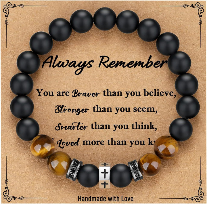 Cross Bracelet with Tiger's Eye, Black Onyx & CZ - Accented Stainless Steel