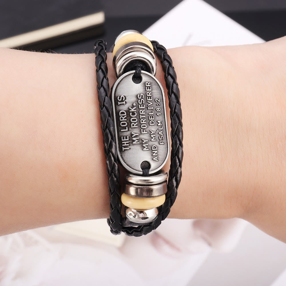 Handcrafted Braided Leather Bracelet with Psalm 18:2 Inscription