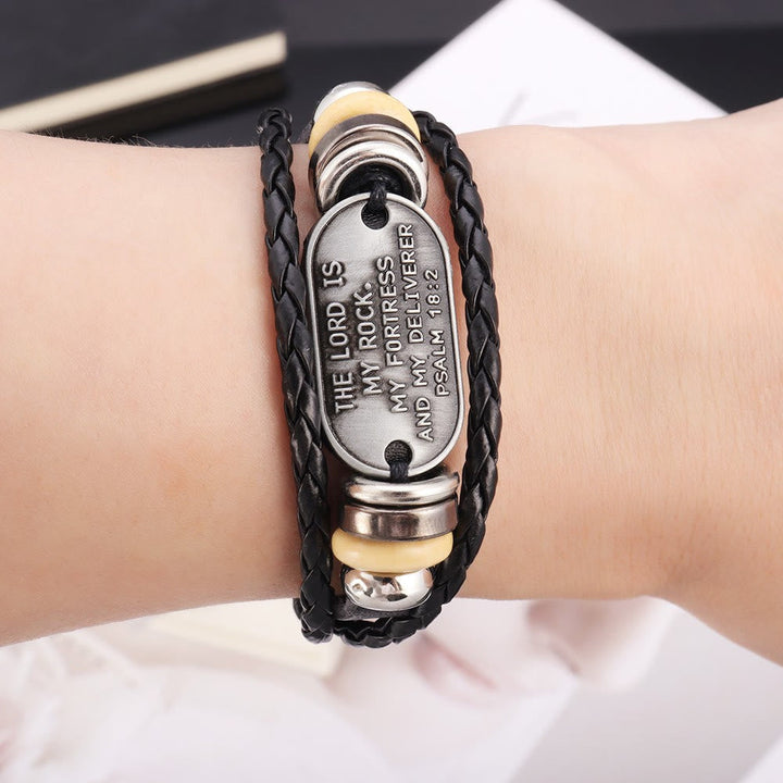 Handcrafted Braided Leather Bracelet with Psalm 18:2 Inscription