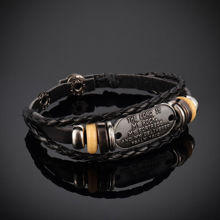 Handcrafted Braided Leather Bracelet with Psalm 18:2 Inscription