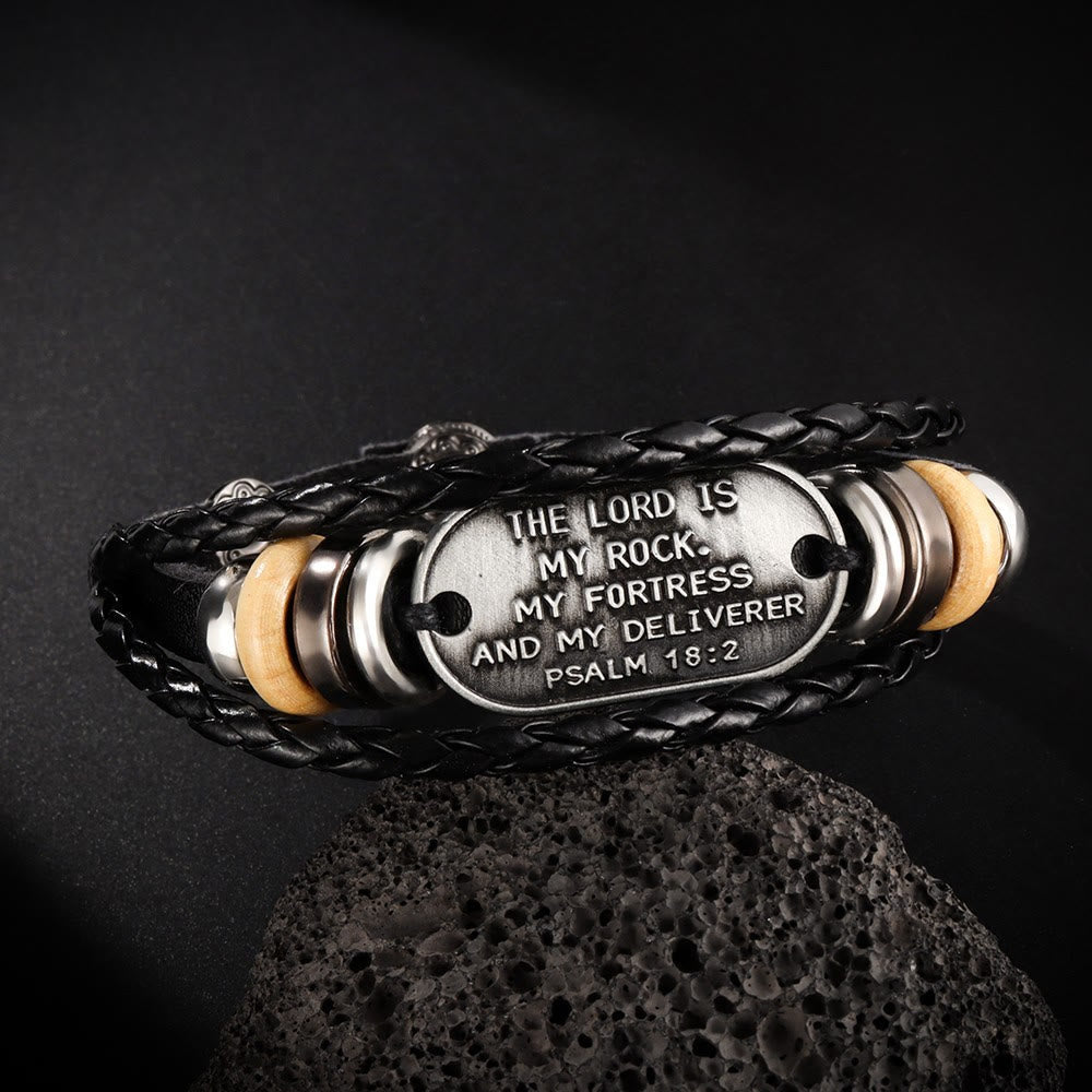 Handcrafted Braided Leather Bracelet with Psalm 18:2 Inscription