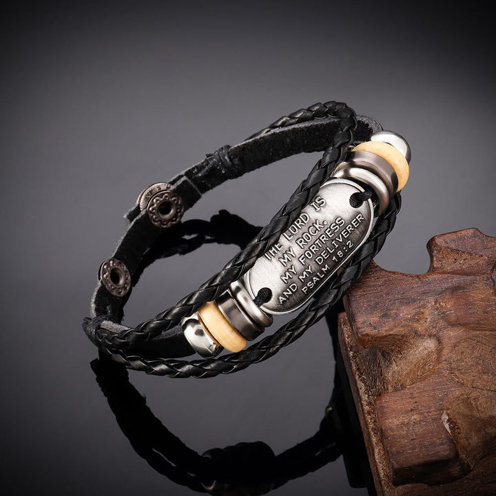 Handcrafted Braided Leather Bracelet with Psalm 18:2 Inscription