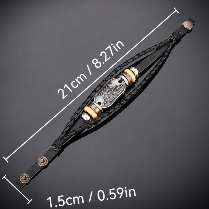 Handcrafted Braided Leather Bracelet with Psalm 18:2 Inscription