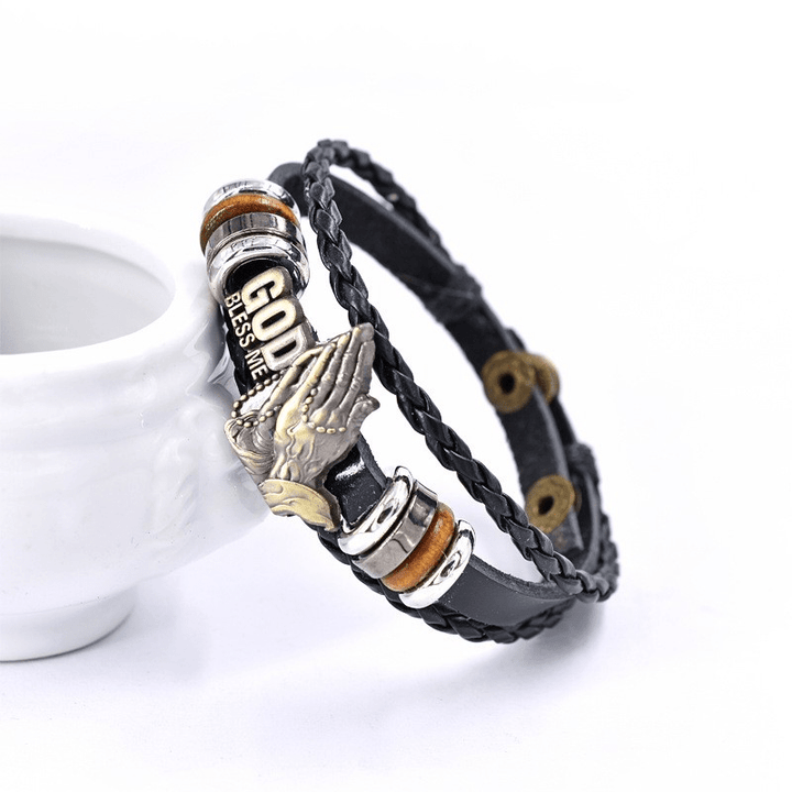 Retro - Style Praying Hands Bracelet GOD BLESS ME Black Braided Design