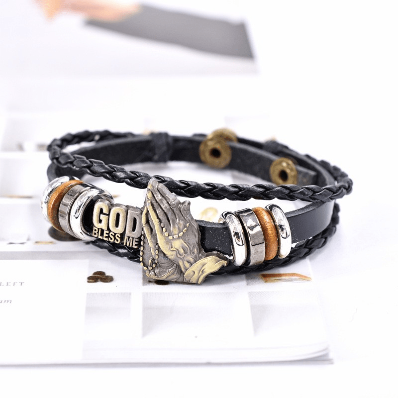 Retro - Style Praying Hands Bracelet GOD BLESS ME Black Braided Design