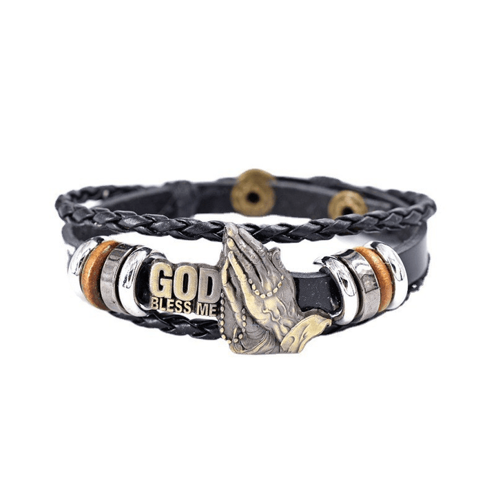 Retro - Style Praying Hands Bracelet GOD BLESS ME Black Braided Design