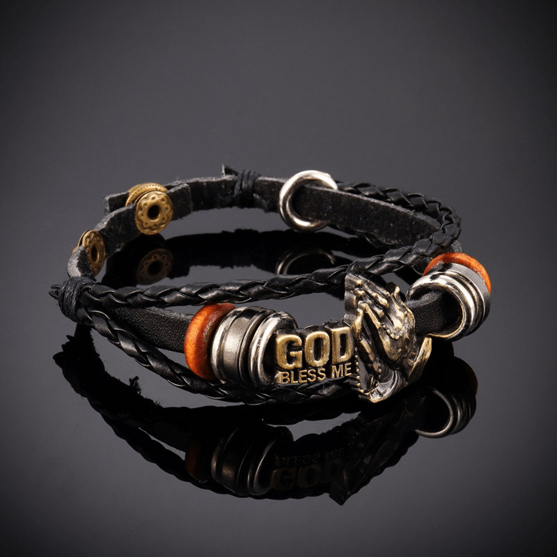 Retro - Style Praying Hands Bracelet GOD BLESS ME Black Braided Design