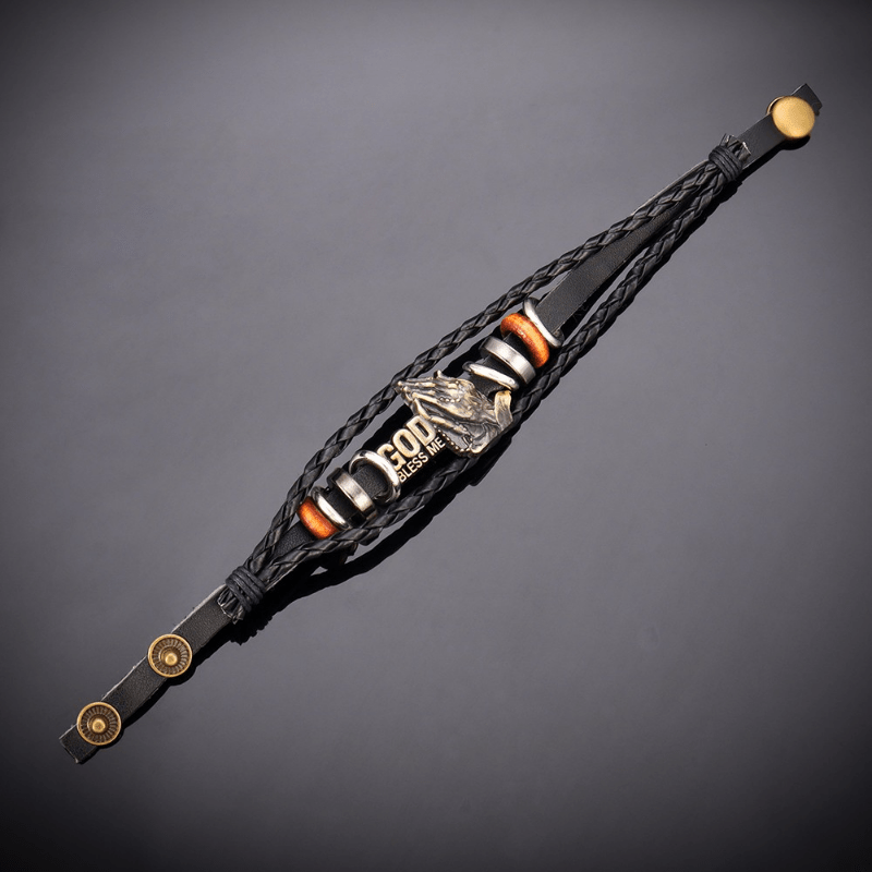 Retro - Style Praying Hands Bracelet GOD BLESS ME Black Braided Design