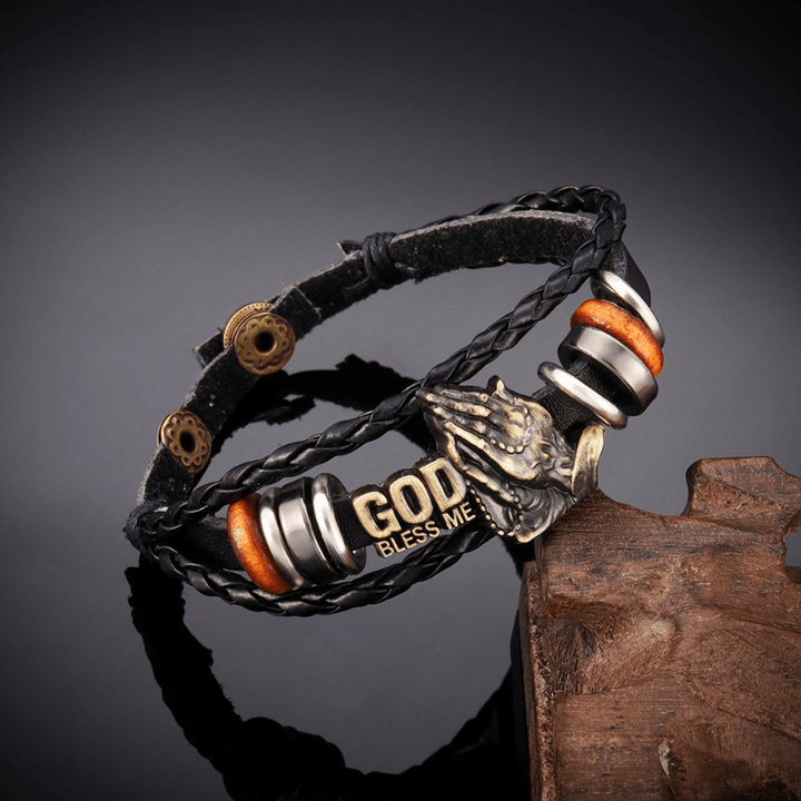 Retro - Style Praying Hands Bracelet GOD BLESS ME Black Braided Design