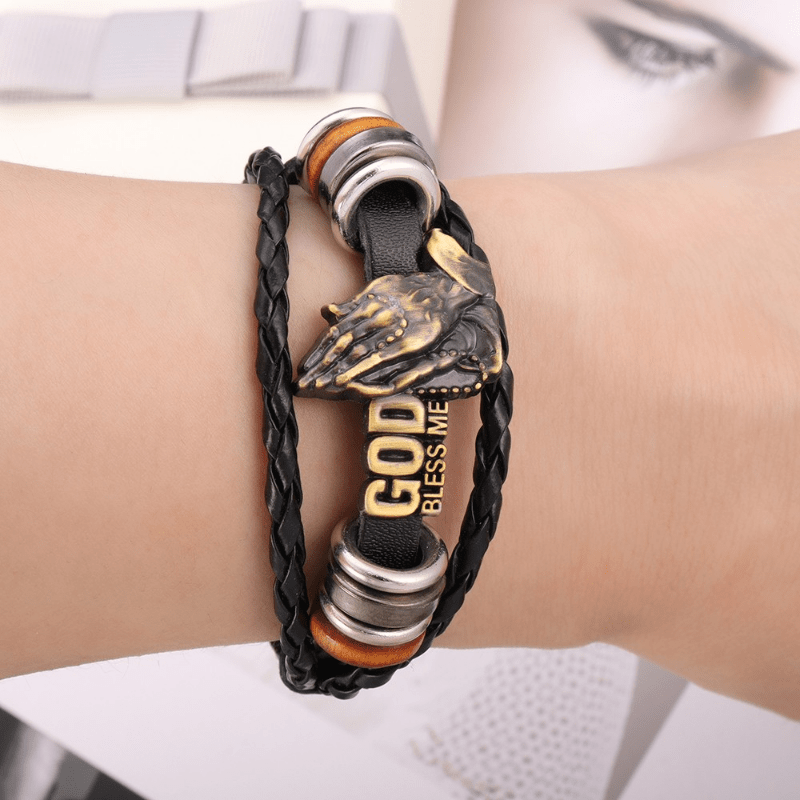 Retro - Style Praying Hands Bracelet GOD BLESS ME Black Braided Design