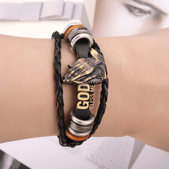 Retro - Style Praying Hands Bracelet GOD BLESS ME Black Braided Design