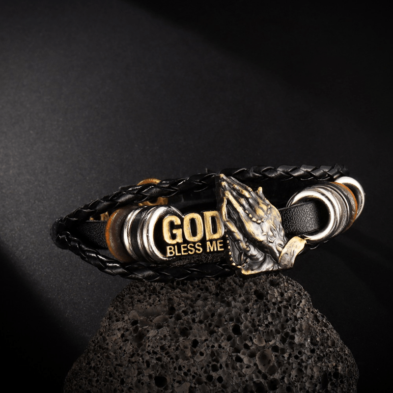 Retro - Style Praying Hands Bracelet GOD BLESS ME Black Braided Design