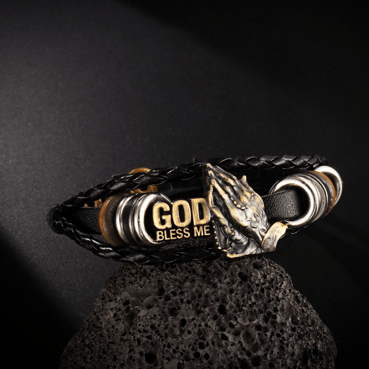 Retro - Style Praying Hands Bracelet GOD BLESS ME Black Braided Design