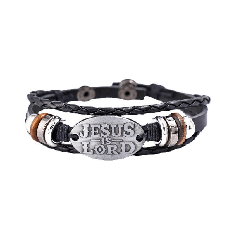 Black Braided Leather Bracelet with JESUS IS LORD Inscription