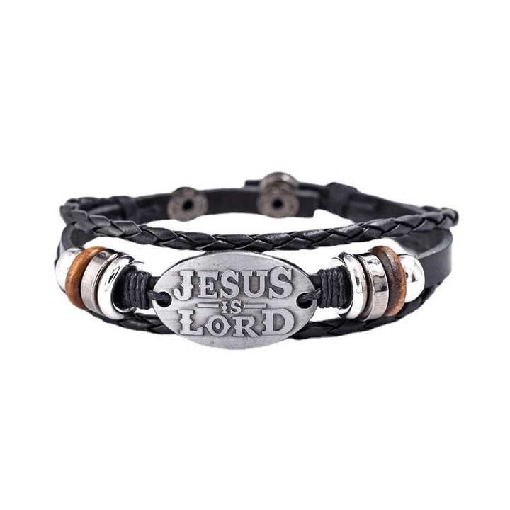 Black Braided Leather Bracelet with JESUS IS LORD Inscription
