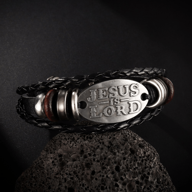 Black Braided Leather Bracelet with JESUS IS LORD Inscription