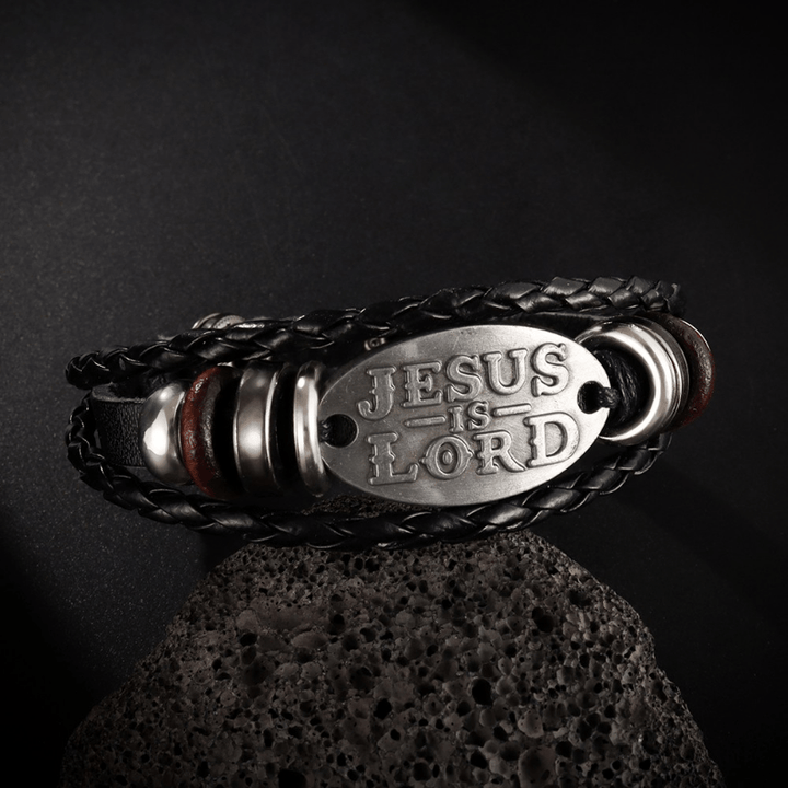 Black Braided Leather Bracelet with JESUS IS LORD Inscription