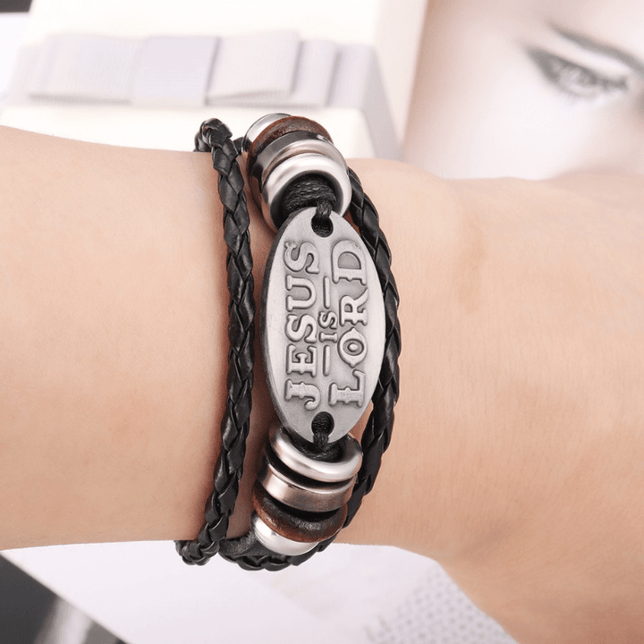 Black Braided Leather Bracelet with JESUS IS LORD Inscription