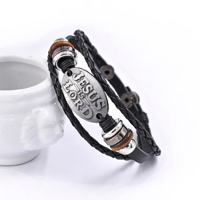 Black Braided Leather Bracelet with JESUS IS LORD Inscription