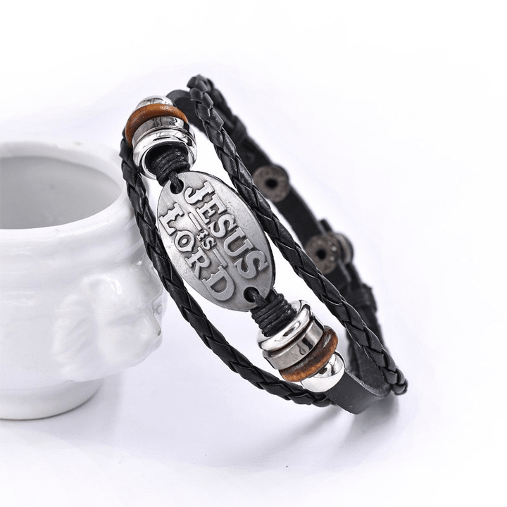 Black Braided Leather Bracelet with JESUS IS LORD Inscription