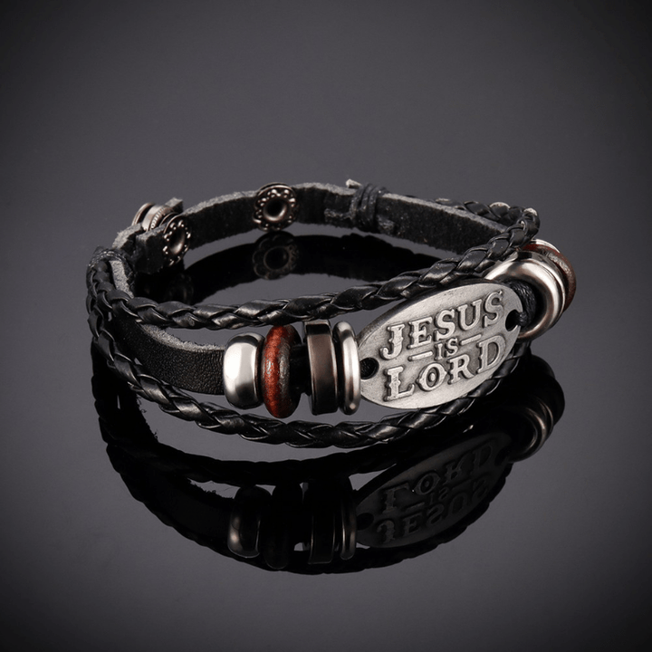 Black Braided Leather Bracelet with JESUS IS LORD Inscription