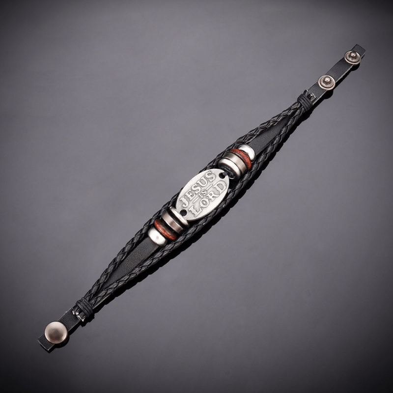 Black Braided Leather Bracelet with JESUS IS LORD Inscription