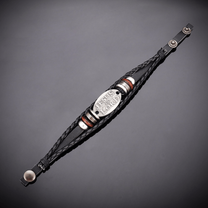Black Braided Leather Bracelet with JESUS IS LORD Inscription