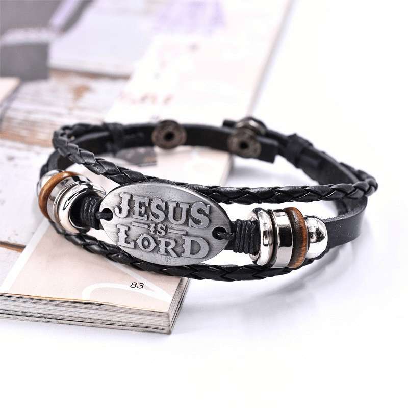 Black Braided Leather Bracelet with JESUS IS LORD Inscription