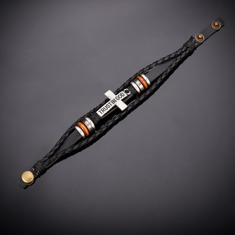 Black Braided Leather Bracelet with Cross & TRUST IN GOD Inscription
