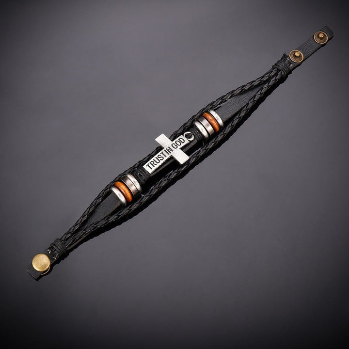 Black Braided Leather Bracelet with Cross & TRUST IN GOD Inscription