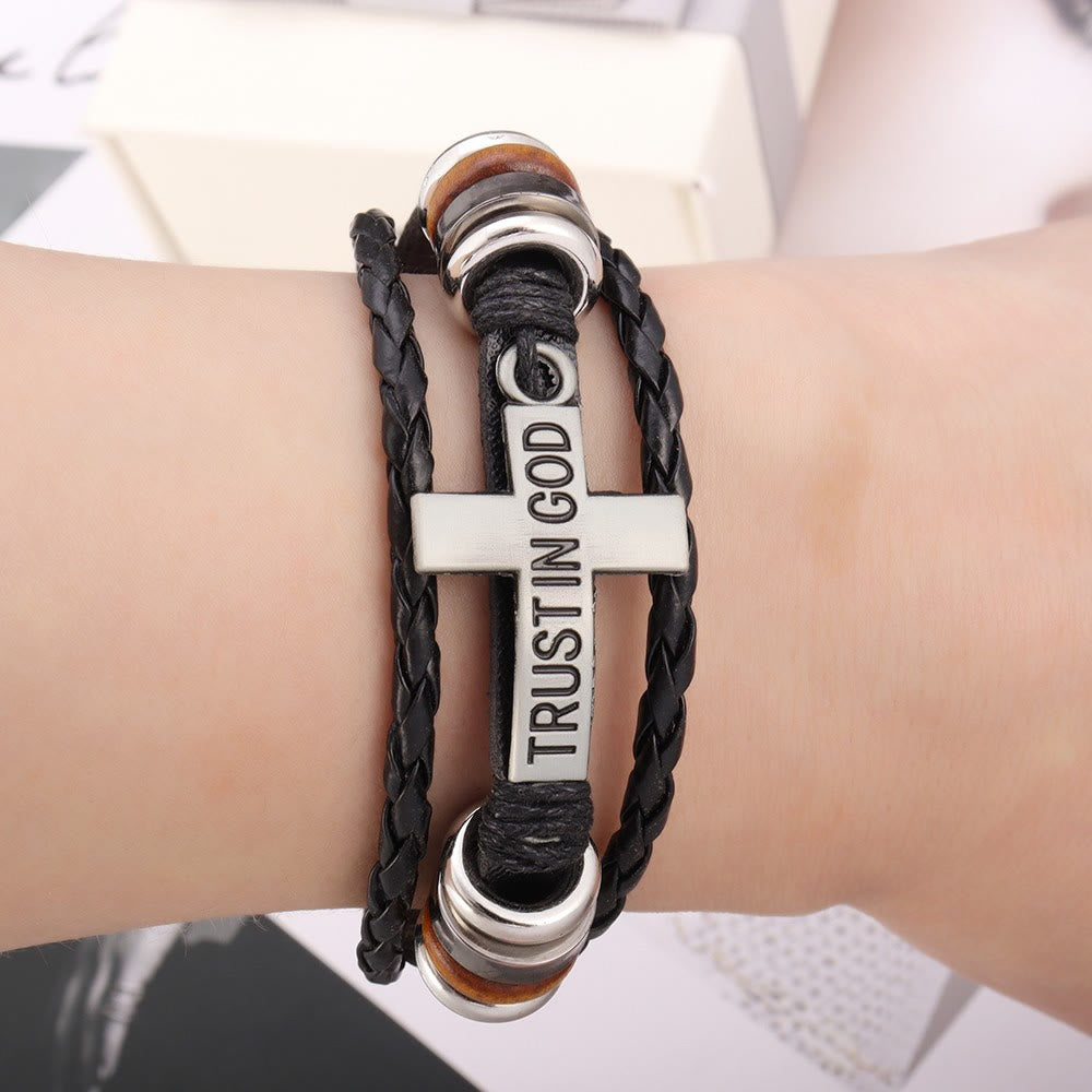 Black Braided Leather Bracelet with Cross & TRUST IN GOD Inscription