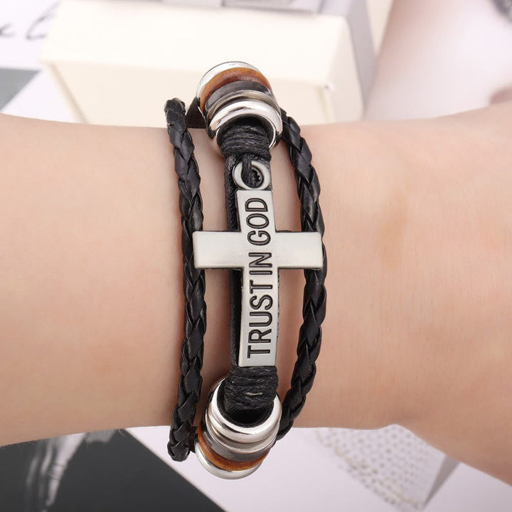 Black Braided Leather Bracelet with Cross & TRUST IN GOD Inscription
