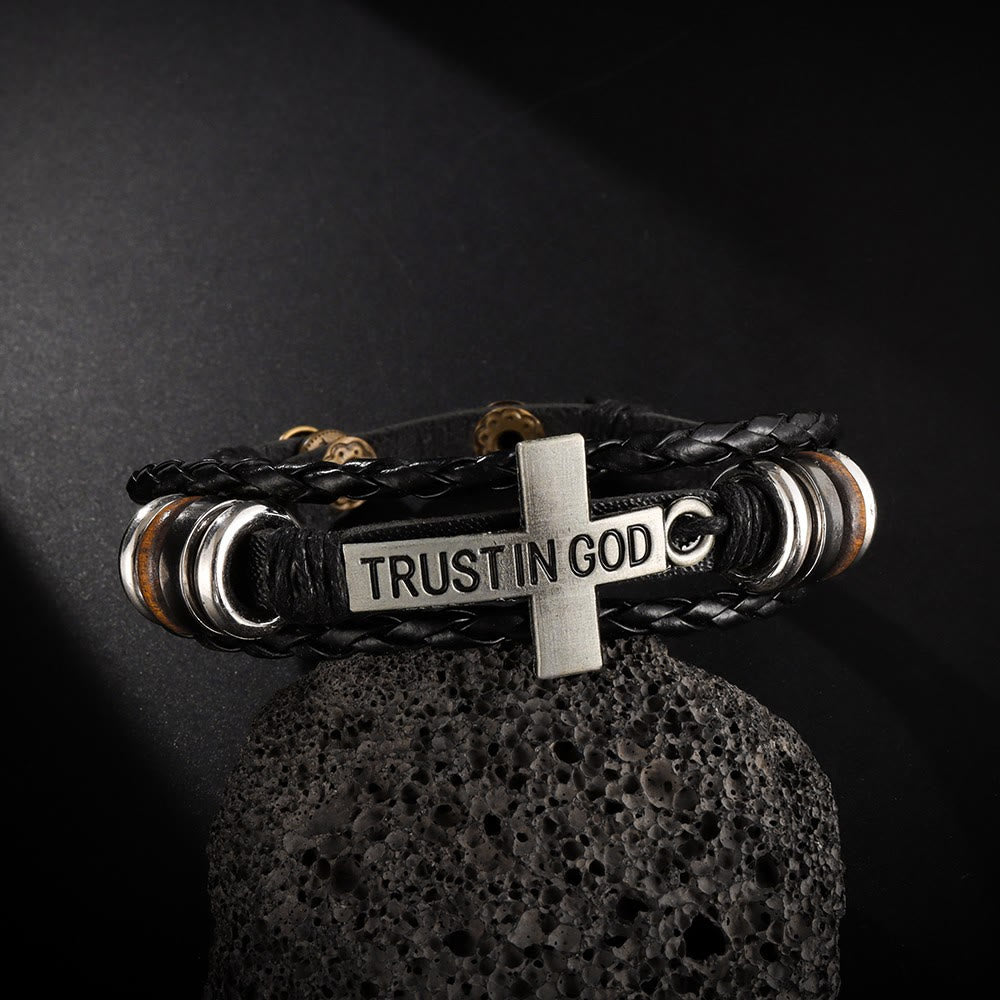 Black Braided Leather Bracelet with Cross & TRUST IN GOD Inscription