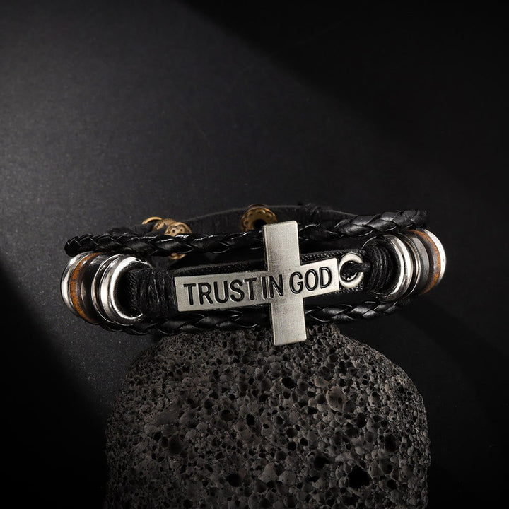 Black Braided Leather Bracelet with Cross & TRUST IN GOD Inscription