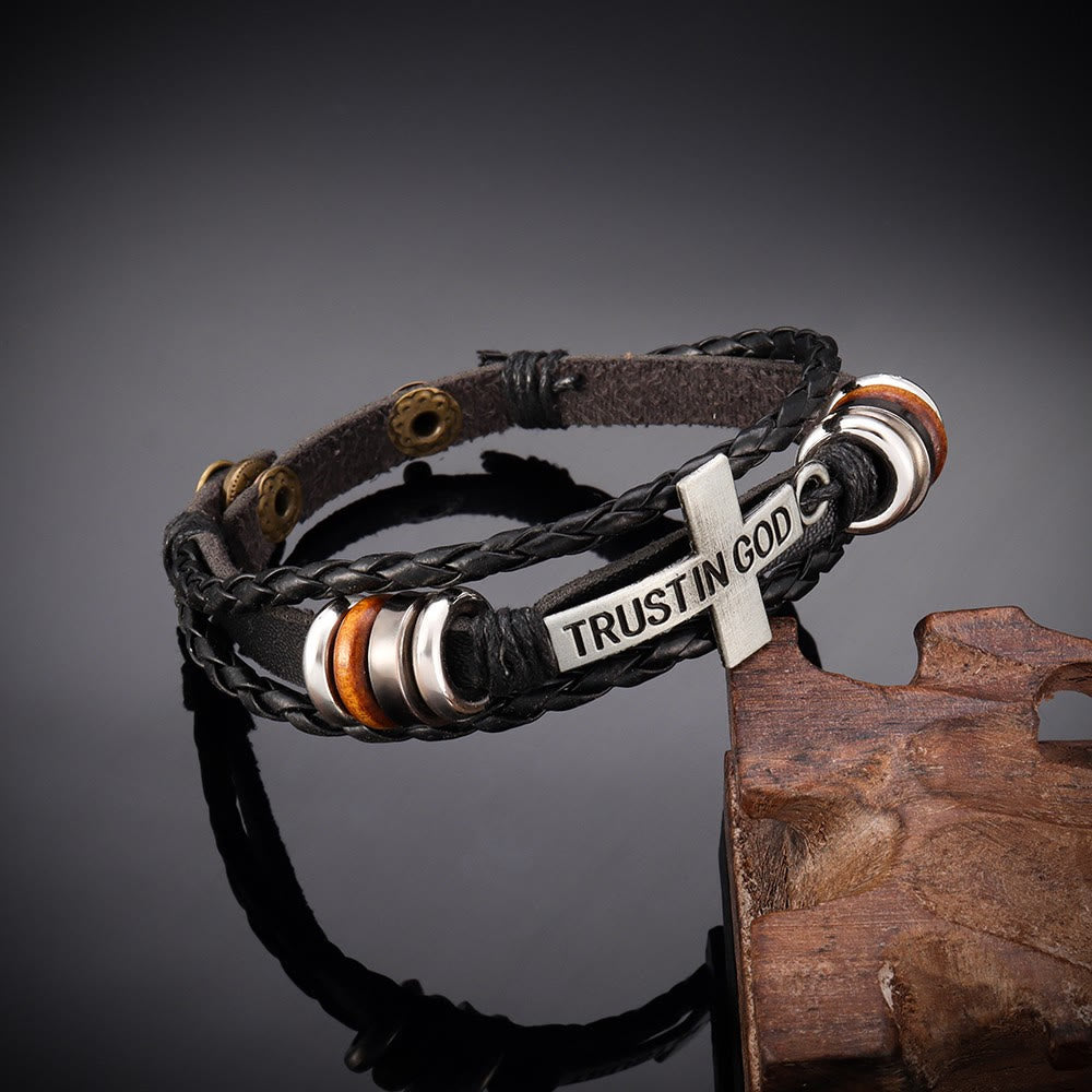Black Braided Leather Bracelet with Cross & TRUST IN GOD Inscription