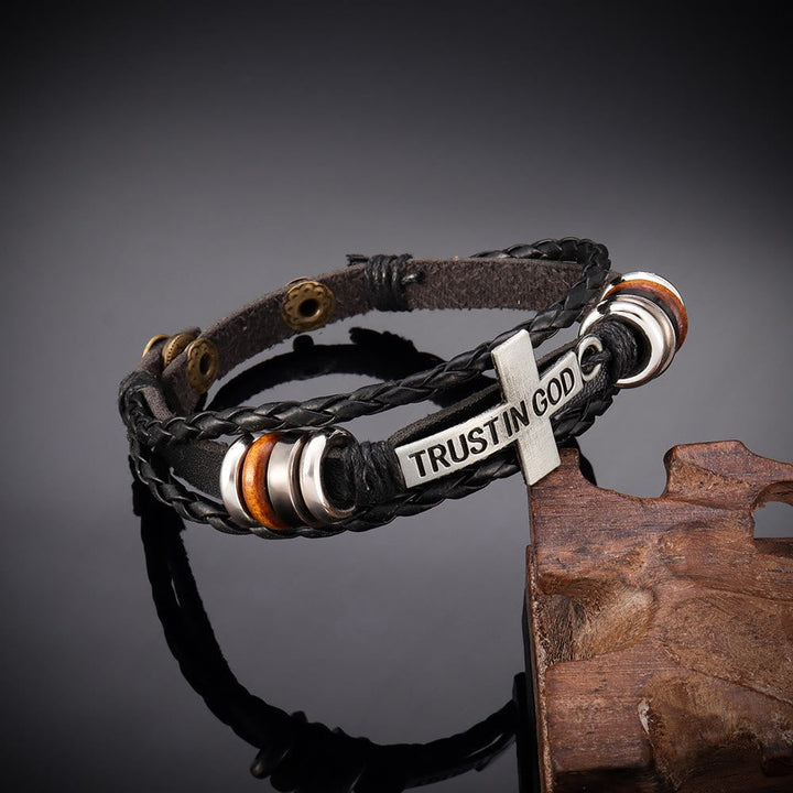 Black Braided Leather Bracelet with Cross & TRUST IN GOD Inscription